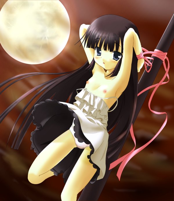 kagami kuro, kodomo no jikan, artist request, 00s, 1girl, bdsm, black hair, bondage, bound, bound wrists, dress, female focus, flat chest, loli, long hair, moon, nipples, panties, pantyshot, pole, ribbon, solo, underwear, very long hair
