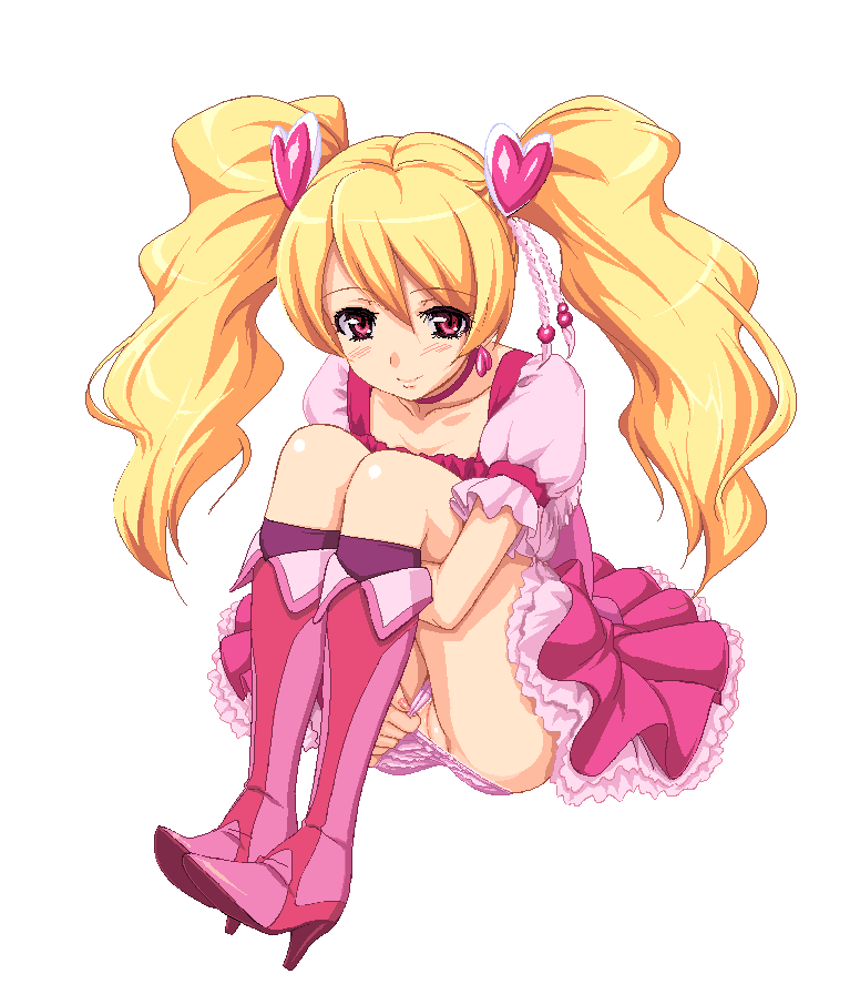 takayaki, cure peach, momozono love, fresh precure!, precure, 00s, 1girl, blonde hair, blush, boots, choker, cleft of venus, clothing aside, collarbone, female focus, flashing, frilled panties, frills, hair ornament, heart, heart hair ornament, hugging own legs, knee boots, long hair, magical girl, oekaki, panties, panties aside, panty pull, pink boots, pink eyes, pussy, red eyes, simple background, sitting, skirt, smile, solo, twintails, uncensored, underwear