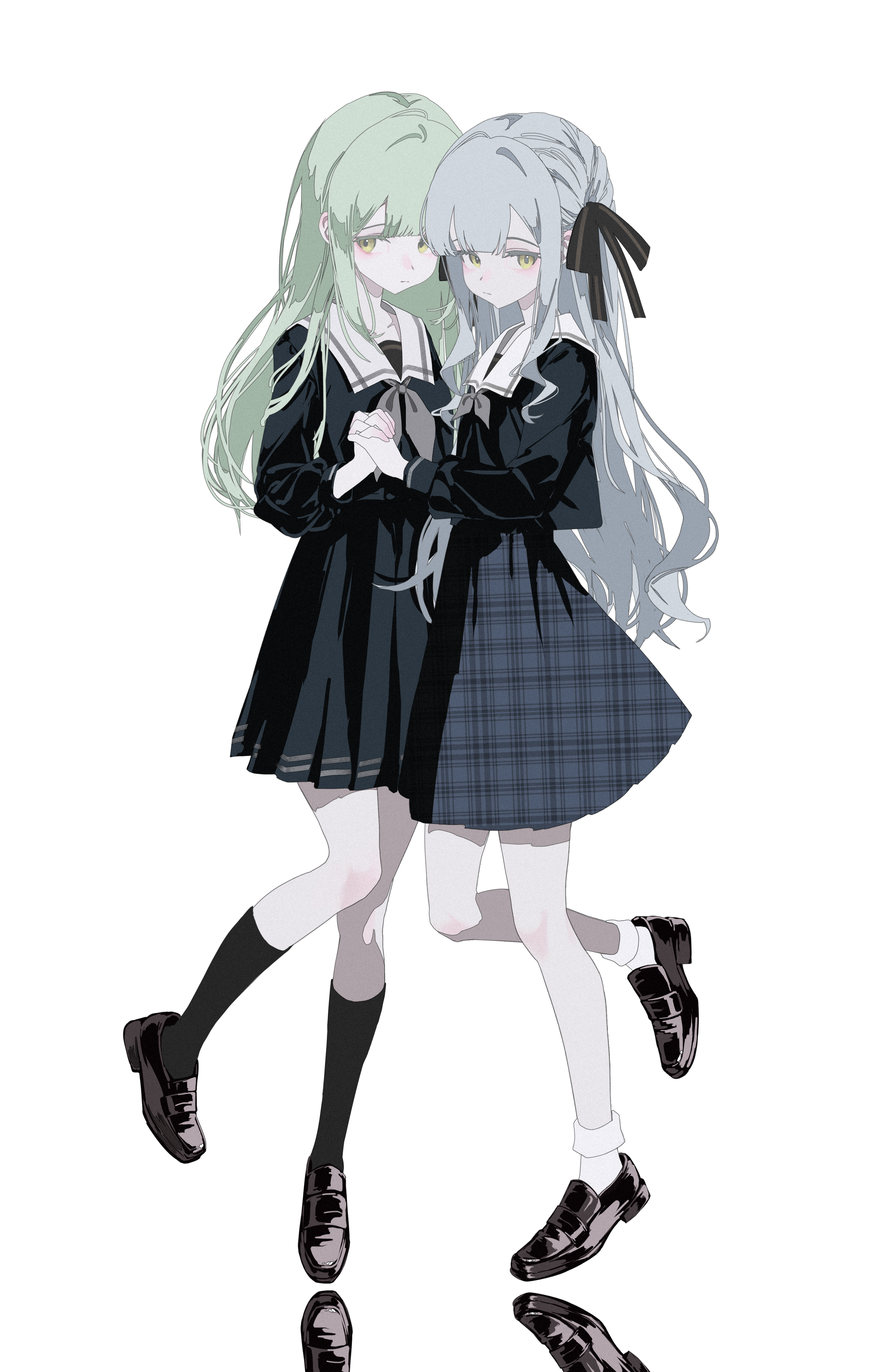 macha bafei, togawa sakiko, wakaba mutsumi, bang dream!, bang dream! it's mygo!!!!!, absurdres, chinese commentary, commentary request, highres, 2girls, black shirt, black shoes, black skirt, black socks, closed mouth, full body, green hair, grey neckerchief, hair between eyes, hair ornament, holding hands, loafers, long sidelocks, looking to the side, multiple girls, neckerchief, plaid clothes, plaid skirt, sailor collar, school uniform, shirt, shoes, sidelocks, simple background, skirt, socks, tsukinomori school uniform, white background, white hair, white sailor collar, white socks, yellow eyes