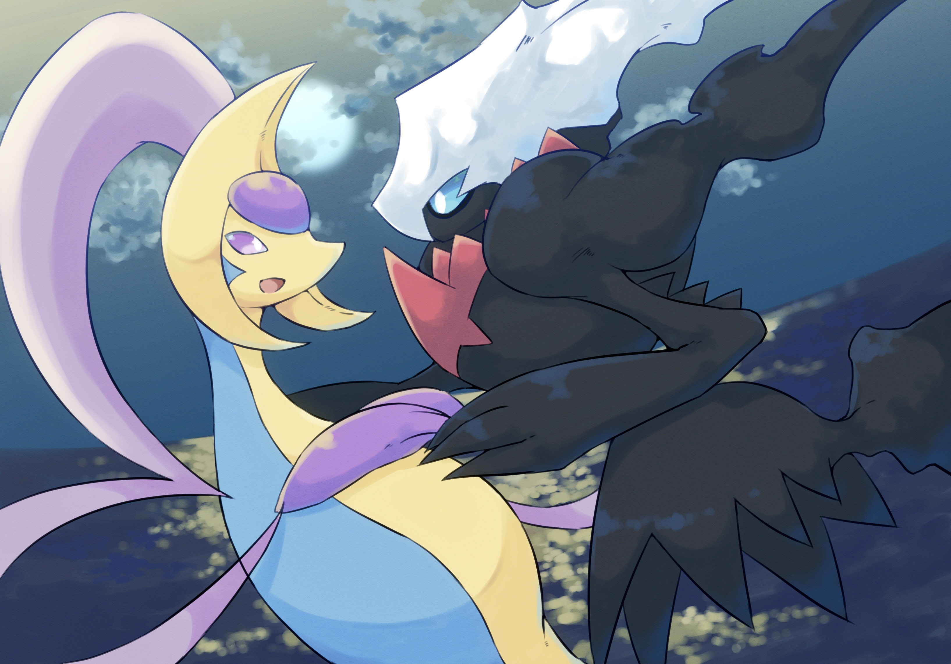 matata, cresselia, darkrai, nintendo, pokemon, absurdres, commentary request, highres, blue eyes, bright pupils, cloud, floating, gen 4 pokemon, holding hands, legendary pokemon, moon, mythical pokemon, night, night sky, no humans, ocean, open mouth, outdoors, pokemon (creature), purple eyes, sky, white pupils