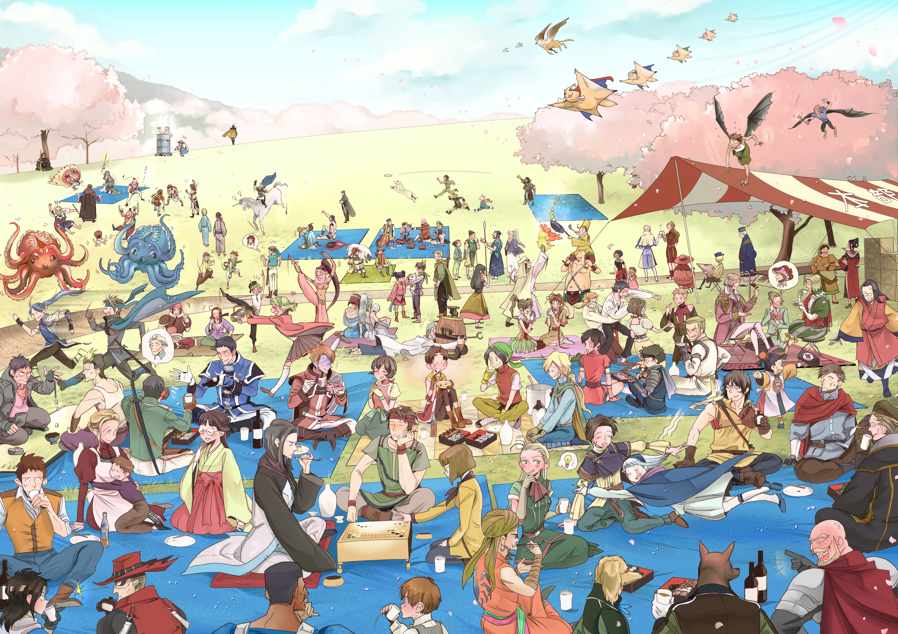 shocaco, apple (suikoden), flik (suikoden), gremio (suikoden), hanna (suikoden), kasumi (suikoden), nanami (suikoden), oulan (suikoden), pesmerga (suikoden), riou (suikoden), shu (suikoden), tir mcdohl, viktor (suikoden), wakaba (suikoden), gensou suikoden, gensou suikoden ii, highres, blush, chasing, drinking, eating, flying, gambling, hug, laughing, picnic, picnic blanket, smoking, smoking pipe, talking