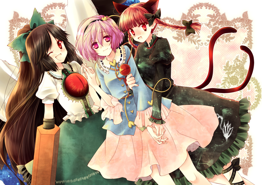 coco (artist), kokono coco, kaenbyou rin, komeiji satori, reiuji utsuho, touhou, 3girls, animal ears, braid, cat ears, cat girl, cat tail, female focus, hair ribbon, holding hands, long hair, multiple girls, purple eyes, purple hair, red eyes, ribbon, short hair, smile, tail, twin braids, very long hair, wink