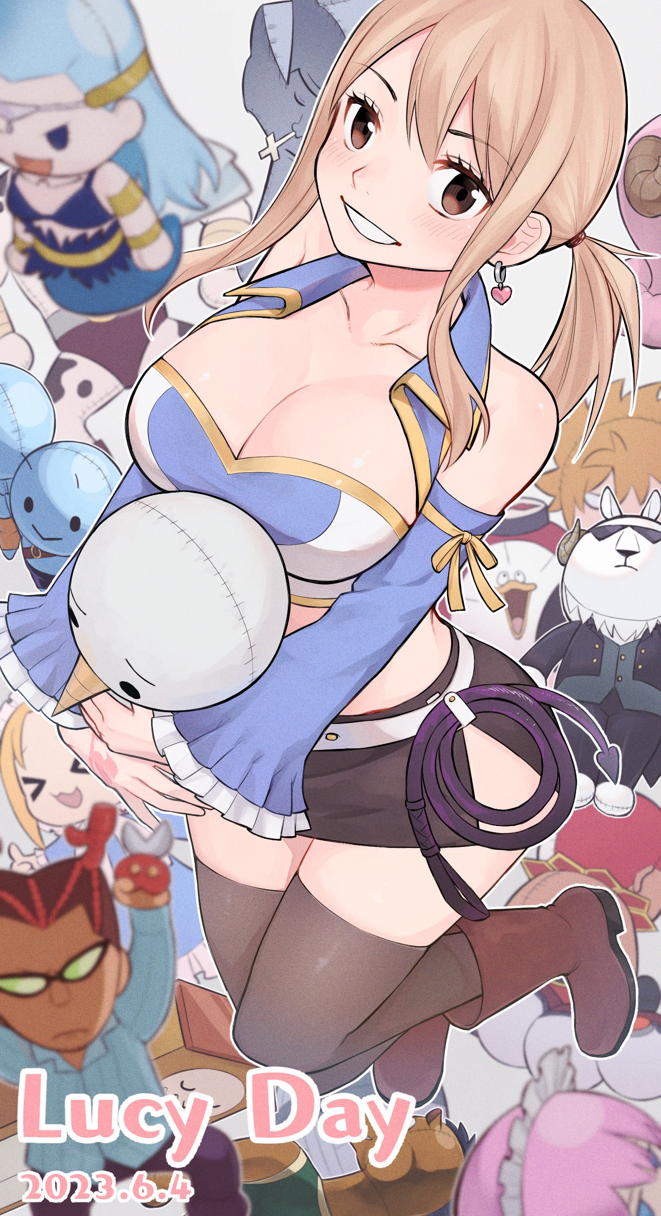 hobby 0203159, lucy heartfilia, plue, fairy tail, commentary request, highres, 1girl, black skirt, blonde hair, blue sleeves, blue vest, boots, breasts, brown boots, brown eyes, brown thighhighs, character name, cleavage, collarbone, cropped vest, dated, detached sleeves, earrings, grin, hair tie, heart, heart earrings, hugging doll, hugging object, jewelry, large breasts, looking at viewer, midriff, open clothes, open vest, sidelocks, skirt, smile, solo focus, thighhighs, twintails, vest, whip