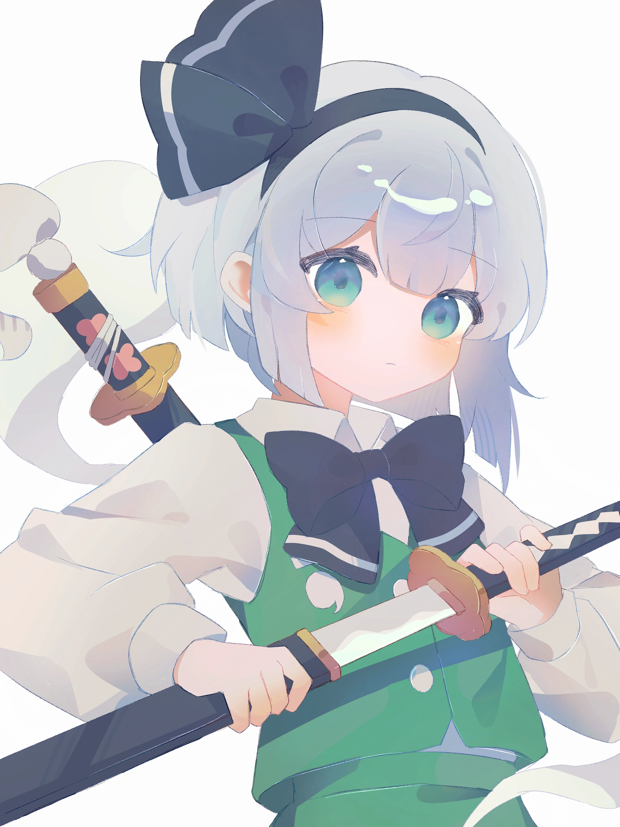 konpaku youmu, konpaku youmu (ghost), touhou, absurdres, highres, 1girl, black bow, black bowtie, black hairband, bow, bow hairband, bowtie, drawing sword, ghost tail, green eyes, green skirt, green vest, hairband, holding, holding sword, holding weapon, katana, long sleeves, misakiii, ribbon, serious, shirt, short hair, simple background, skirt, solo, sword, upper body, vest, weapon, white background, white hair, white shirt