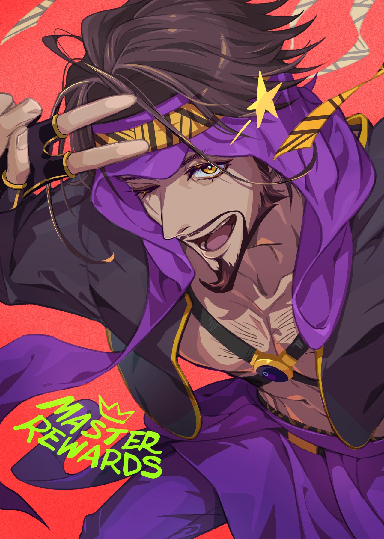 tantan notan, rashid (street fighter), street fighter, street fighter 6, commentary request, highres, 1boy, bare pectorals, beard, black gloves, brown hair, chest hair, chinstrap beard, eyelashes, facial hair, gloves, goatee, jacket, male focus, mustache, one eye closed, open clothes, open jacket, open mouth, pants, pectorals, purple pants, red background, solo, v, yellow eyes