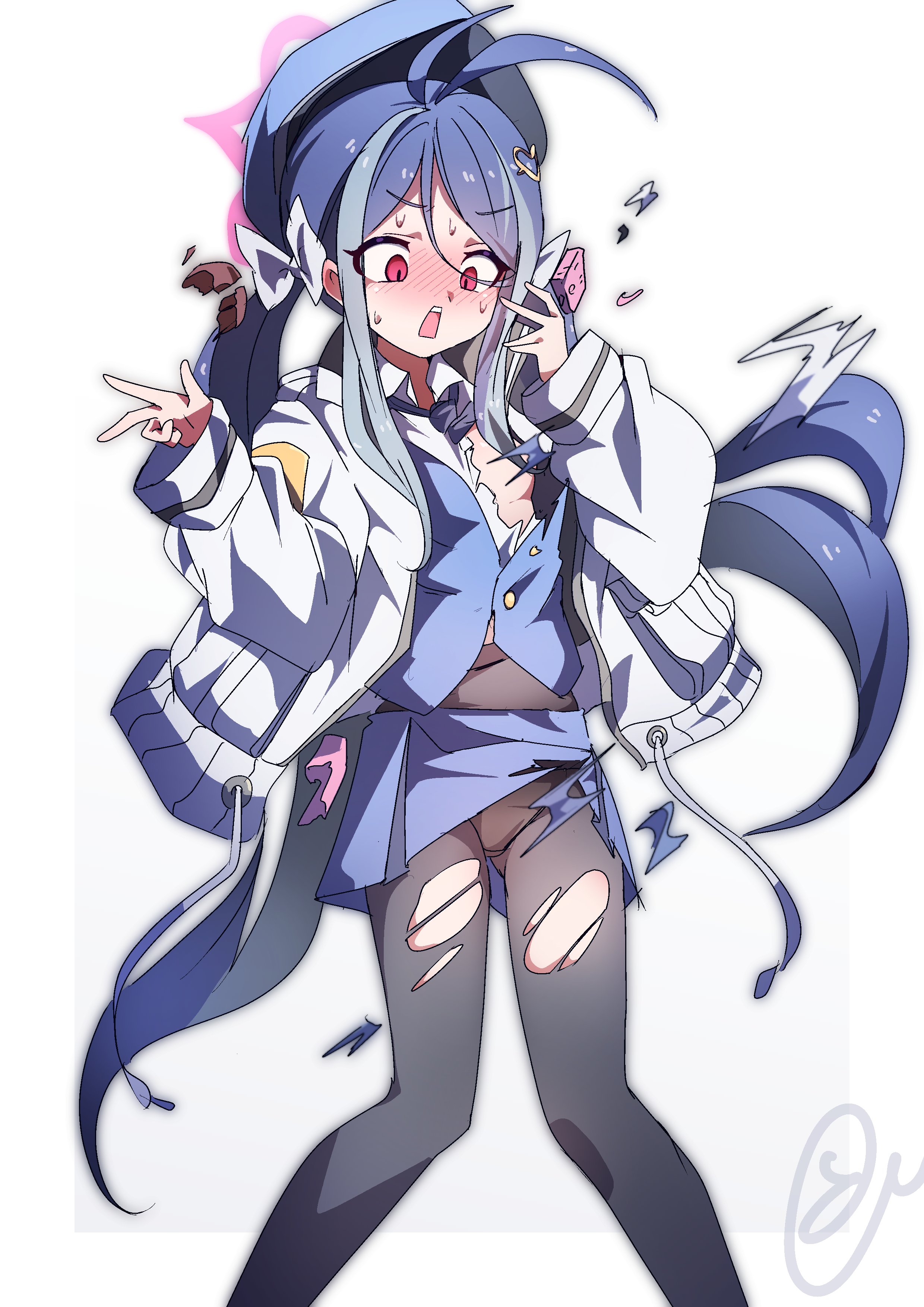 to (tototo tk), fubuki (blue archive), blue archive, absurdres, highres, 1girl, antenna hair, black necktie, black pantyhose, blue hair, blue jacket, blue skirt, blush, breasts, halo, jacket, long hair, long sleeves, multicolored hair, necktie, open clothes, open jacket, open mouth, panties, panties under pantyhose, pantyhose, pink halo, red eyes, shirt, signature, simple background, skirt, small breasts, solo, surprised, sweat, torn clothes, torn pantyhose, torn shirt, underwear, white background, white jacket, white shirt, wide-eyed