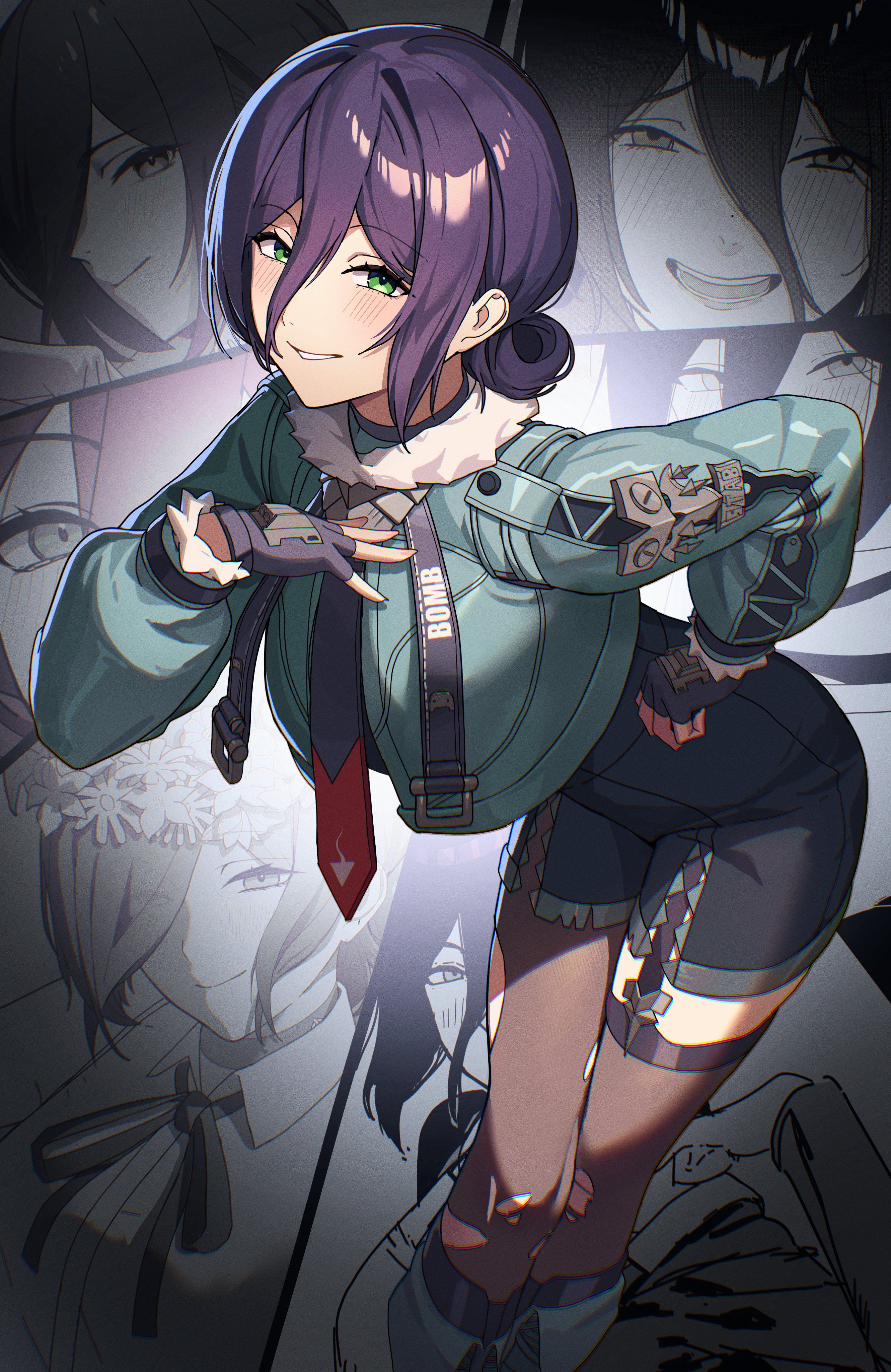 ashamutoki, jane doe (zenless zone zero), reze (chainsaw man), chainsaw man, zenless zone zero, absurdres, commentary, highres, 1girl, black choker, black gloves, black shorts, black thighhighs, blush, breasts, choker, cosplay, cropped jacket, fingerless gloves, gloves, green eyes, green jacket, hair between eyes, high-waist shorts, jacket, jane doe (zenless zone zero) (cosplay), large breasts, leaning forward, pantyhose, parted lips, purple hair, shorts, single leg pantyhose, solo, thighhighs, torn clothes, torn pantyhose, vignetting