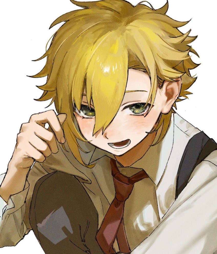 ni 22, uzuki kou, nijisanji, 1boy, black pants, blonde hair, collared shirt, green eyes, hair behind ear, hair between eyes, looking at viewer, male focus, necktie, pants, red necktie, shirt, short hair, simple background, smile, solo, swept bangs, virtual youtuber, white background, white shirt