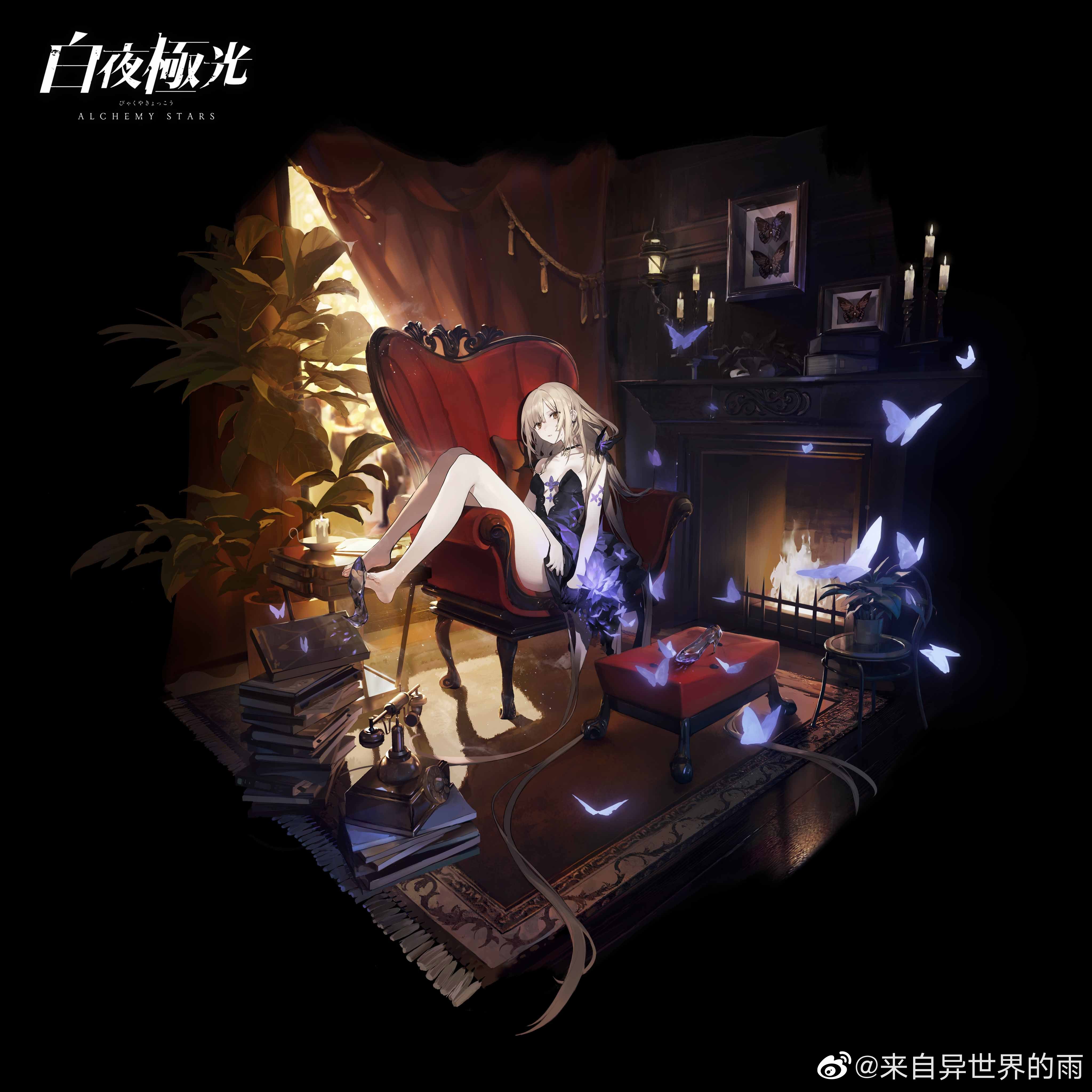 ame jang, areia (alchemy stars), areia (night to remember) (alchemy stars), alchemy stars, absurdres, chinese commentary, highres, official art, 1girl, alternate costume, antique phone, arm at side, arm tattoo, armchair, bare legs, bare shoulders, barefoot, black background, black choker, black dress, black gloves, blonde hair, book, book stack, breasts, brown eyes, bug, butterfly, butterfly choker, butterfly earrings, candelabra, candle, candlestand, carpet, chair, choker, copyright name, cordless phone, curtains, cushion, dress, dress flower, earrings, extreme dangling, fireplace, flower, footstool, framed insect, full body, glass slipper, gloves, half gloves, hand on own stomach, high heels, indoors, insect, jewelry, lamp, light particles, long hair, looking at viewer, low-tied long hair, parted lips, pendant choker, phone, picture frame, plant, plunging neckline, potted plant, purple butterfly, purple flower, rotary phone, shoe dangle, shoes, short dress, sideways glance, simple background, single glove, single shoe, sitting sideways, small breasts, solo, strapless, strapless dress, sunlight, sweatdrop, tassel, tattoo, unworn shoes, very long hair, watermark, weibo watermark, window