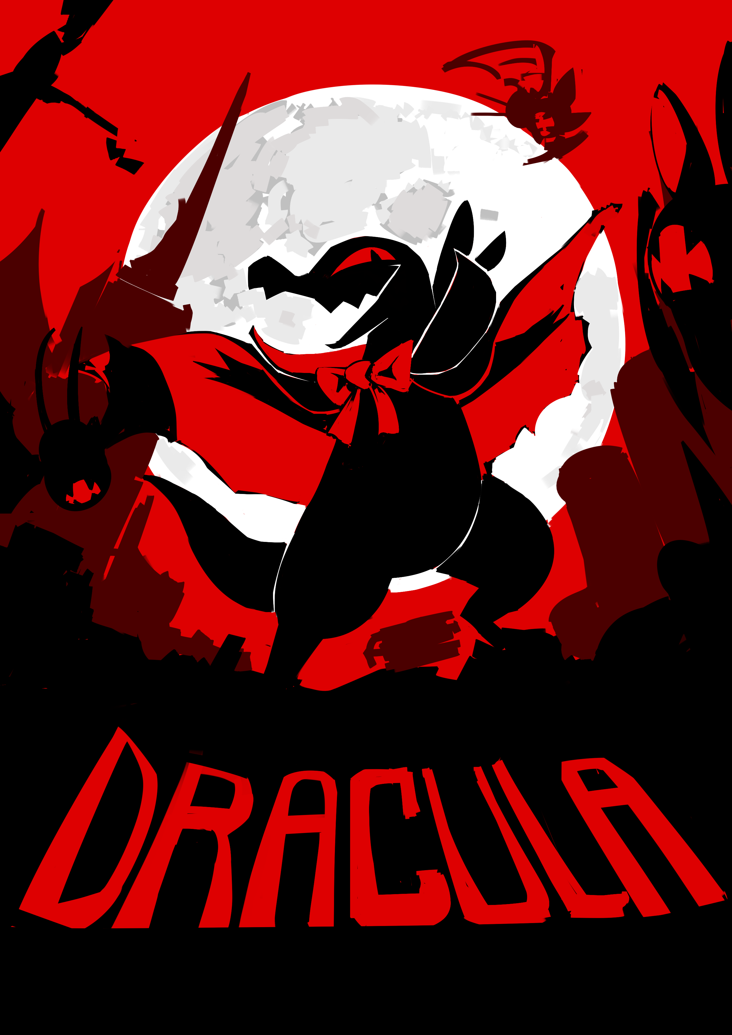 powerandy, salandit, zubat, nintendo, pokemon, absurdres, commentary, highres, arm up, bow, bram stoker's dracula, cape, clothed pokemon, copyright name, full moon, gen 1 pokemon, gen 7 pokemon, limited palette, moon, moon behind head, no humans, open mouth, pokemon (creature), red theme