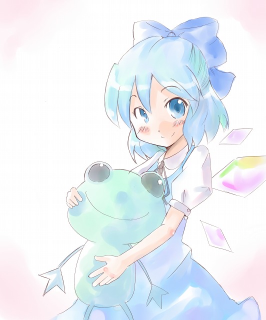 ogu, cirno, embodiment of scarlet devil, touhou, 1girl, blue dress, blue eyes, blue hair, dress, female focus, frog, holding, ice, ice wings, looking at viewer, matching hair/eyes, puffy short sleeves, puffy sleeves, short sleeves, simple background, solo, stuffed animal, stuffed frog, stuffed toy, white background, wings