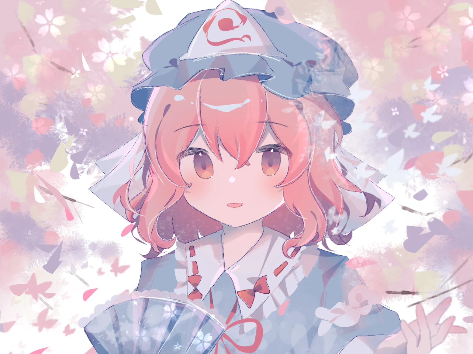 saigyouji yuyuko, touhou, chinese commentary, commentary request, bow, cherry blossoms, dress, floral background, flower, frilled dress, frills, hair ribbon, hand fan, holding, holding fan, misakiii, pastel colors, petals, pink eyes, pink hair, ribbon, short hair, solo