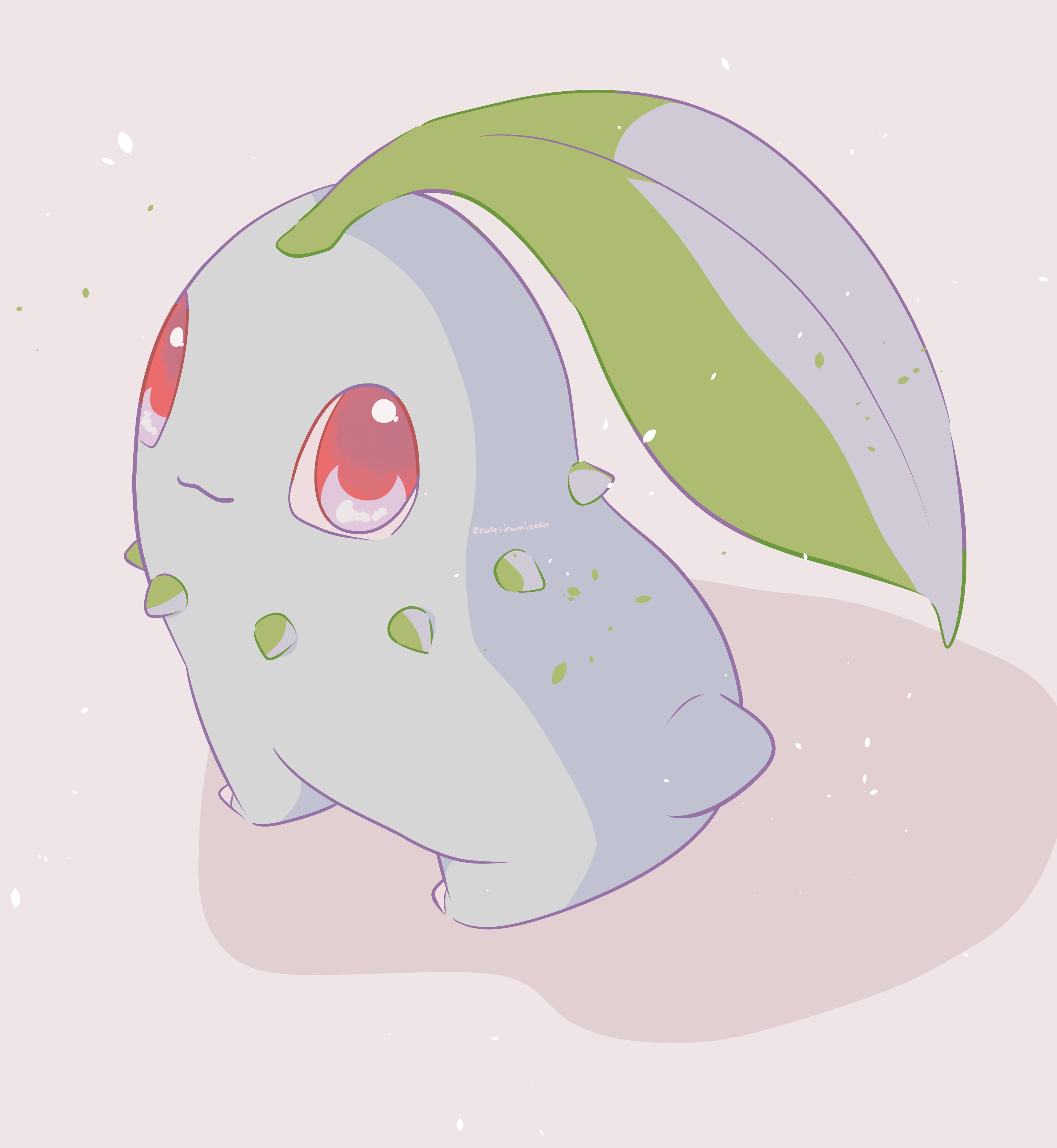 shiramizore (rate1026), chikorita, nintendo, pokemon, absurdres, commentary request, highres, animal focus, gen 2 pokemon, looking to the side, no humans, petals, pokemon (creature), pokemon focus, red eyes, sitting, smile, solo