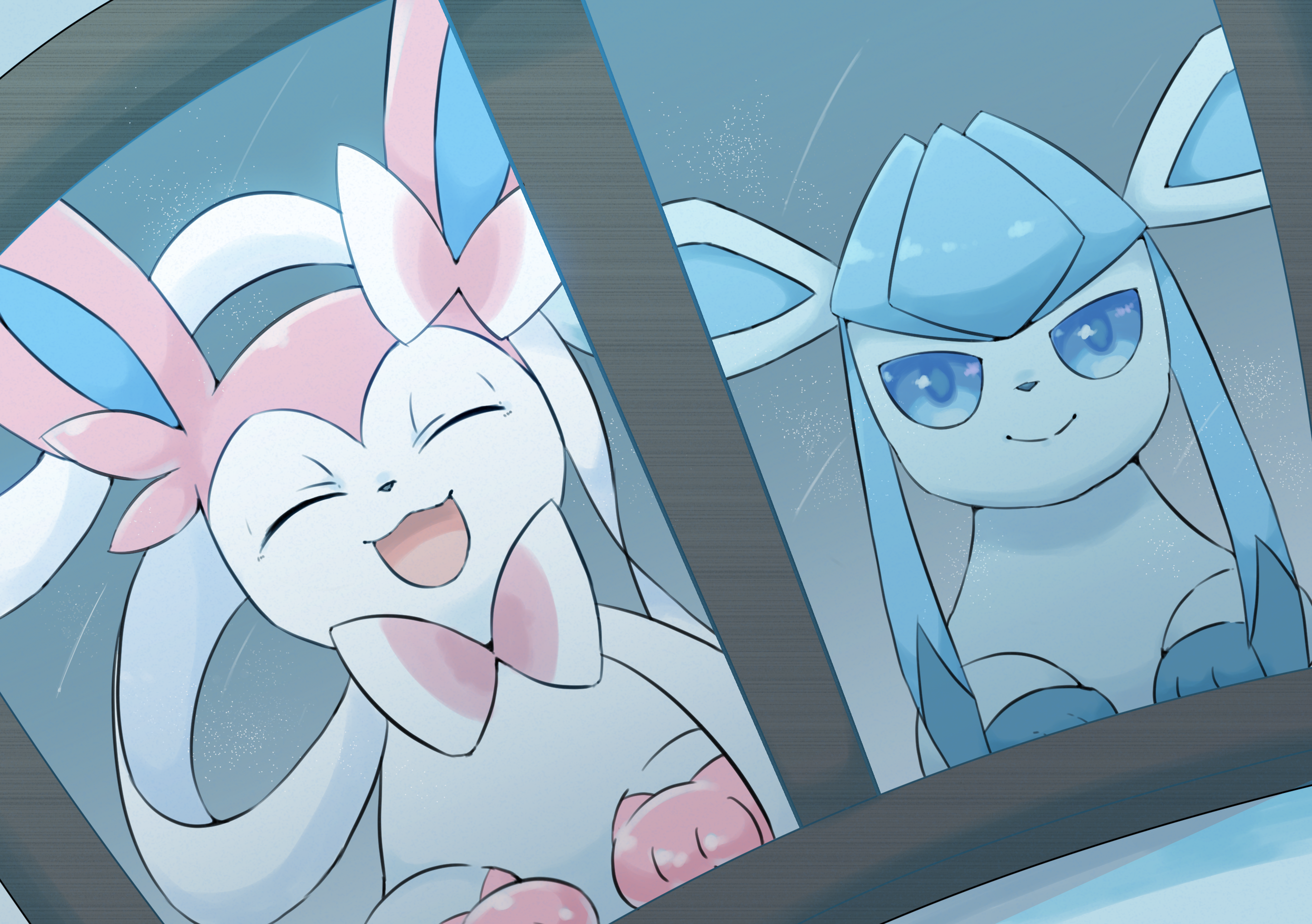 matata, glaceon, sylveon, nintendo, pokemon, commentary request, highres, blue eyes, closed eyes, from outside, gen 4 pokemon, gen 6 pokemon, happy, looking at viewer, looking outside, no humans, open mouth, pokemon (creature), shooting star, smile, window