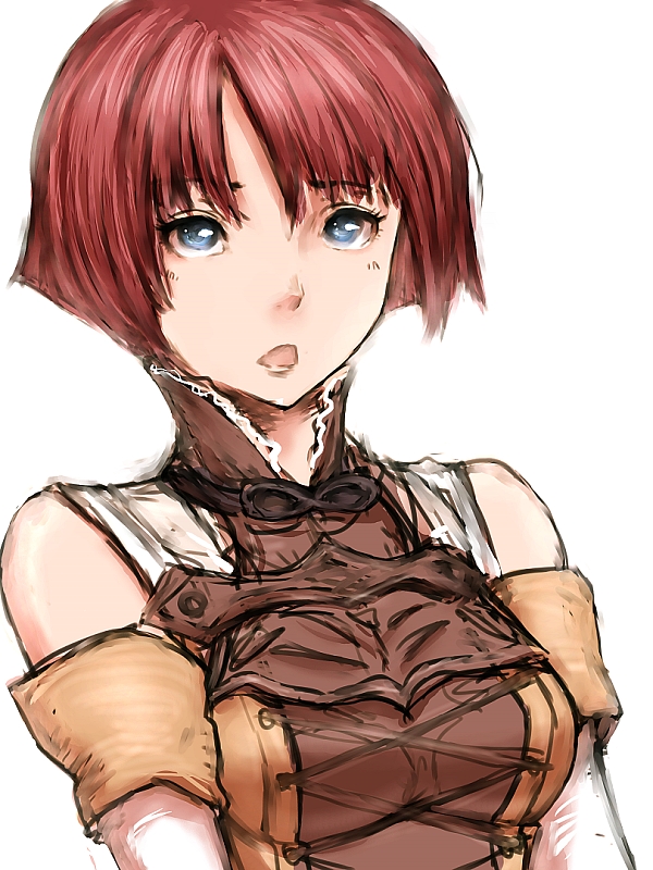 fumio (rsqkr), yulie, yulie (shirokishi monogatari), yulie (white knight chronicles), shirokishi monogatari, 1girl, :o, bare shoulders, blue eyes, blush, bob cut, choker, corset, detached sleeves, female focus, looking at viewer, open mouth, parted bangs, red hair, short hair, simple background, solo, turtleneck, upper body, white background