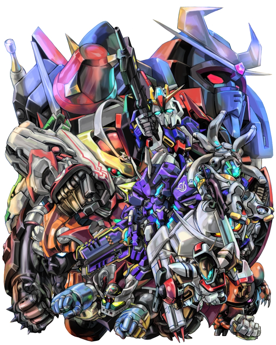 aburaya tonbi, baldios, balgora, big o (mecha), god sigma, kabuto kouji, kapool, king gainer, mazinger z (mecha), orguss (mecha), solar aquarion, turn a gundam (mobile suit), zeta gundam (mobile suit), aquarion (series), banpresto, choujikuu seiki orguss, gundam, mazinger (series), mazinger z, orguss, overman king gainer, sousei no aquarion, space emperor god sigma, super robot wars, super robot wars z, super robot wars z1, the big o, toei company, turn a gundam, uchuu senshi baldios, uchuu taitei god sigma, zeta gundam, 1980s (style), highres, 00s, beam rifle, chibi, energy gun, gun, mecha, mecha focus, oldschool, retro artstyle, robot, shield, weapon
