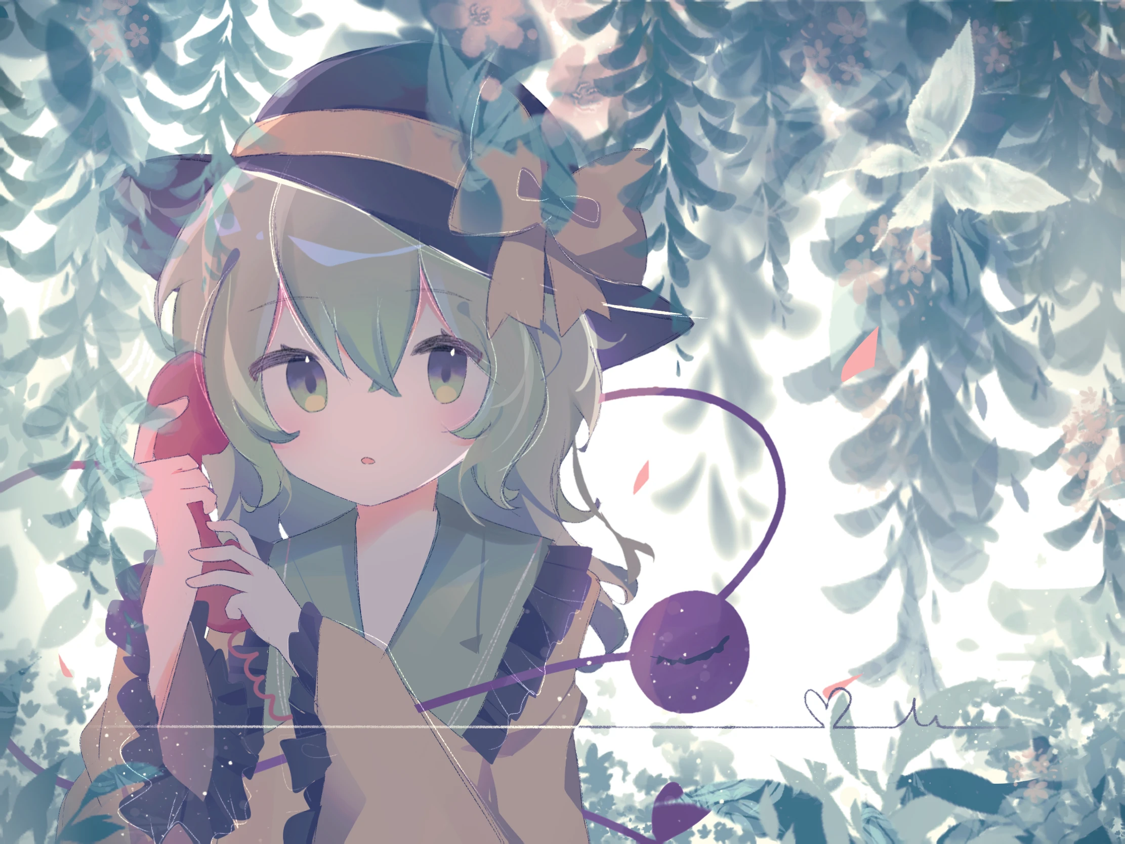 komeiji koishi, touhou, highres, black hat, dress, green hair, hat, holding, holding phone, leaf, misakiii, nature, outdoors, pastel colors, petals, phone, short hair, solo, yellow eyes