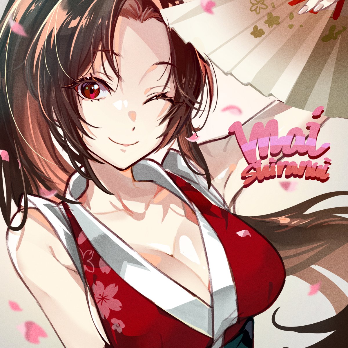 tantan notan, shiranui mai, fatal fury, snk, the king of fighters, commentary request, highres, 1girl, breasts, brown hair, character name, cleavage, collarbone, eyelashes, folding fan, hand fan, japanese clothes, kimono, large breasts, long hair, looking at viewer, one eye closed, petals, ponytail, red eyes, red kimono, smile, solo