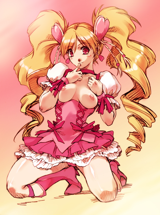 hisahiko, cure peach, momozono love, fresh precure!, precure, 00s, 1girl, blonde hair, blush, boots, bow, breasts, dress, drill hair, female focus, frills, hair ornament, heart, heart hair ornament, knee boots, kneeling, long hair, magical girl, nipples, pink boots, pink bow, pink eyes, red eyes, smile, solo, twintails