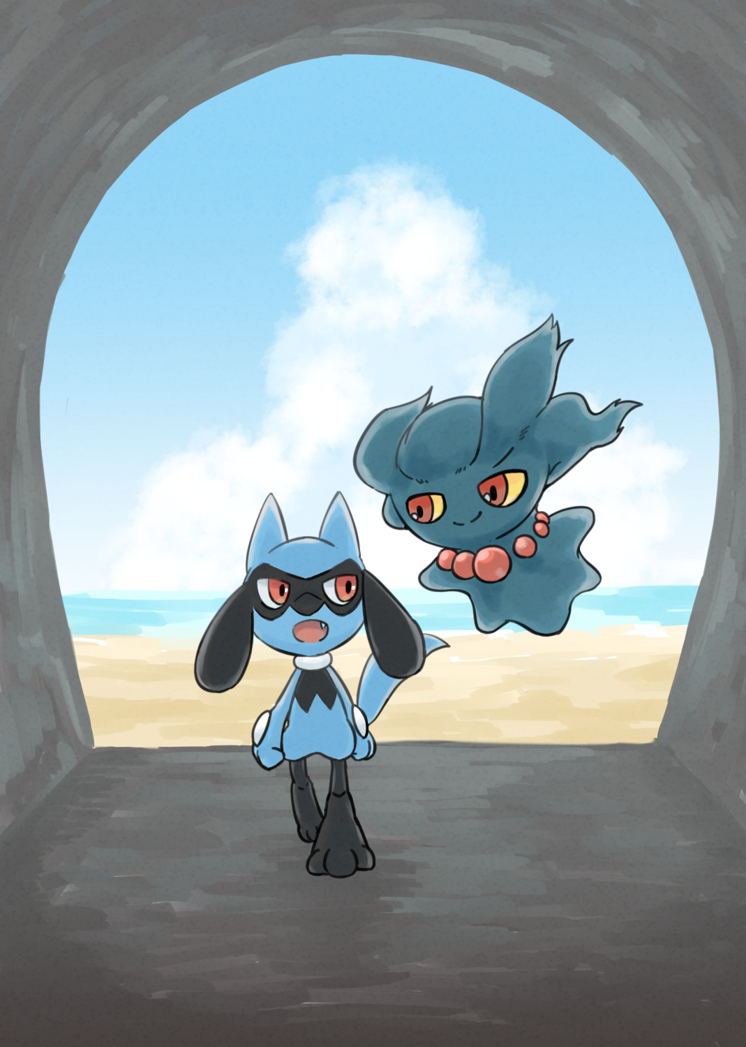 matata, misdreavus, riolu, nintendo, pokemon, commentary request, highres, beach, cave, cloud, colored sclera, fang, full body, gen 2 pokemon, gen 4 pokemon, looking at another, no humans, ocean, open mouth, outdoors, pokemon (creature), red eyes, smile, walking, yellow sclera