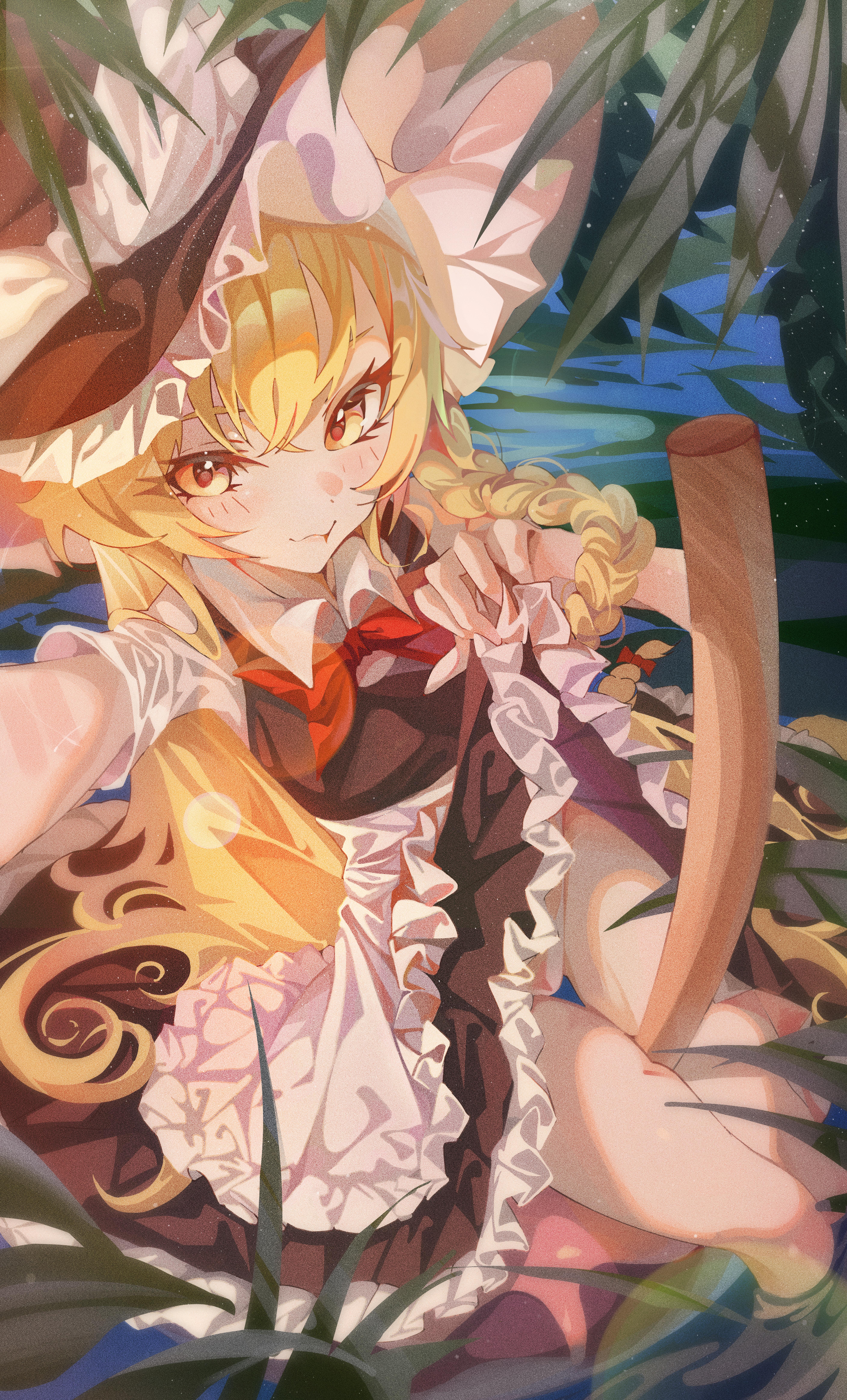 kirisame marisa, touhou, absurdres, highres, apron, bamboo, bamboo leaf, black dress, blonde hair, bow, braid, brown eyes, dress, forest, hat, hat bow, jkess, nature, night, outdoors, red ribbon, ribbon, sitting, solo, white apron, witch hat