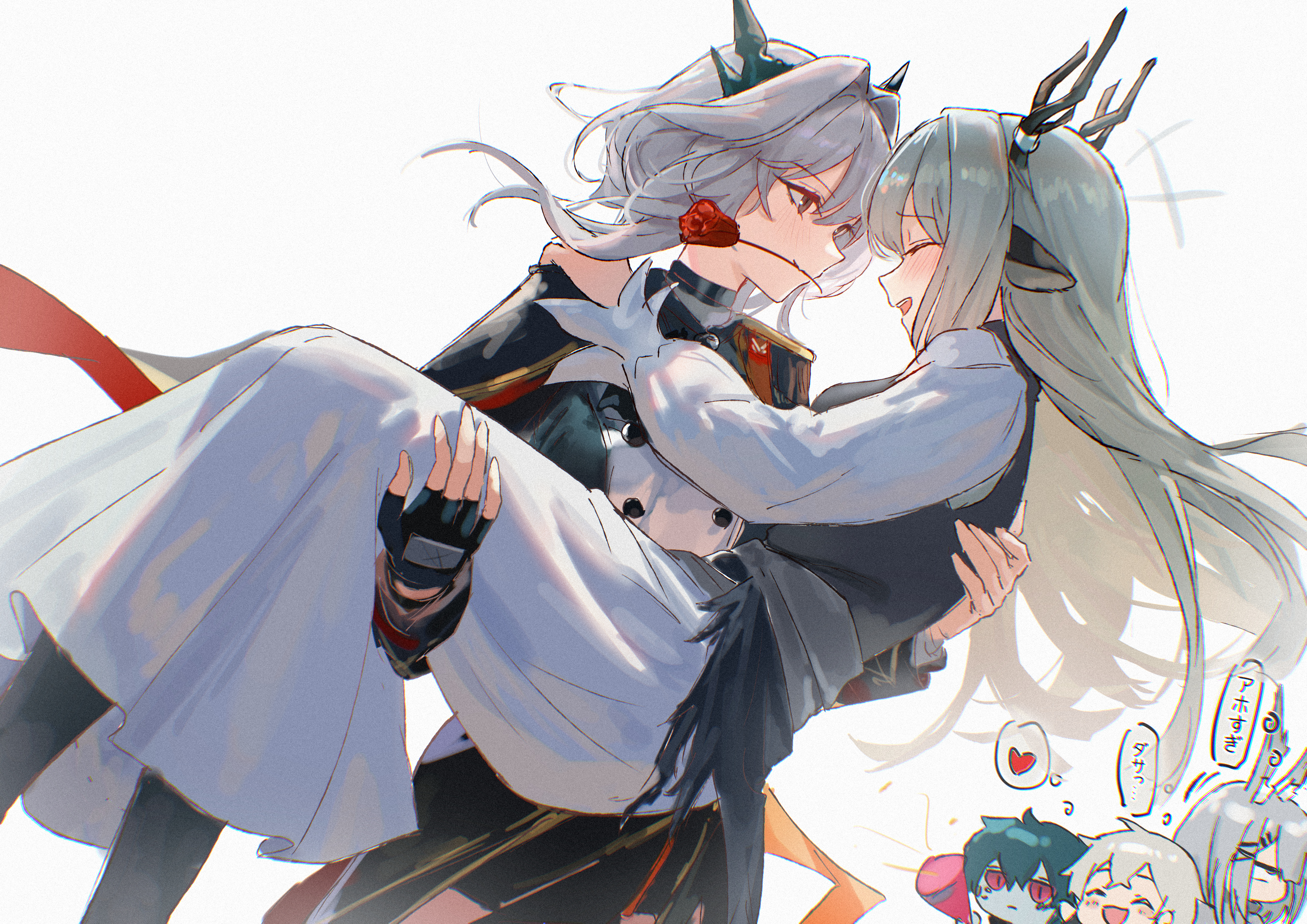 uof, alina (arknights), talulah (arknights), talulah the fighter (arknights), arknights, absurdres, commentary request, highres, +++, 2girls, :d, ^ ^, animal ears, antlers, black dress, black gloves, black pantyhose, black vest, blush, carrying, carrying person, chibi, closed eyes, dress, face-to-face, fingerless gloves, flower, gloves, grey eyes, grey hair, hair between eyes, hair intakes, hand on another's shoulder, happy, heart, horns, inset, laughing, light blush, long hair, long sleeves, looking at another, medium hair, mouth hold, multiple girls, open mouth, pantyhose, princess carry, profile, red flower, red rose, request inset, rose, smile, vest, white background, white dress, yuri