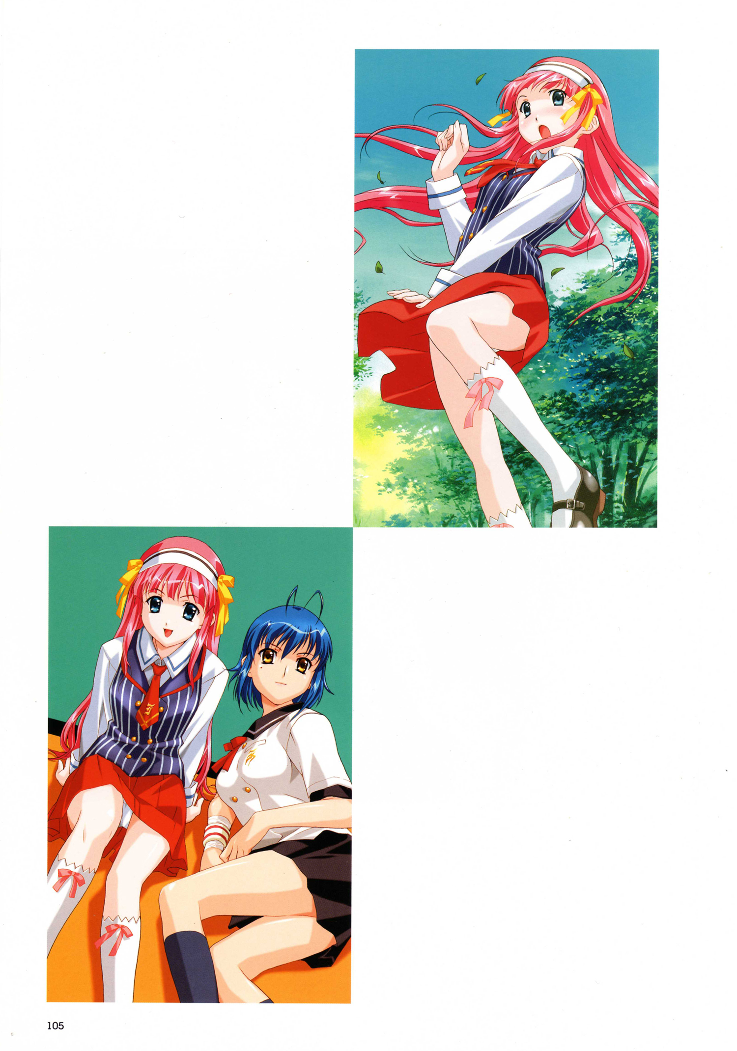 happoubi jin, kashima kaori, mizuhara nanami, manatsu no tobira, striped, white legwear, highres, official art, scan, scan artifacts, source request, 2girls, :d, :o, antenna hair, arm support, black socks, blue eyes, blue hair, blush, bow, buttons, cloud, covering crotch, covering privates, dutch angle, embarrassed, flat chest, hair ribbon, hairband, indoors, kneehighs, leaf, leg lift, legs, long hair, looking at viewer, lying, mary janes, mole, mole under eye, multiple girls, nature, necktie, on side, open mouth, outdoors, panties, pantyshot, pink hair, pleated skirt, ribbon, school uniform, shoes, short hair, sidelocks, sitting, skirt, sky, smile, socks, standing, standing on one leg, surprised, tree, underwear, vest, white panties, wind, wind lift, wristband, yellow eyes
