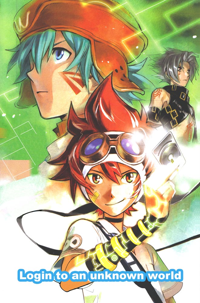 kikuya megane, haseo, haseo (.hack//), kite (.hack//), kite (hack), kuryuu tokio, .hack//, .hack//link, bandai, cyber connect 2, official art, 3boys, aqua hair, blue eyes, goggles, grey hair, hat, male focus, multiple boys, red eyes, red hair, strap, tattoo