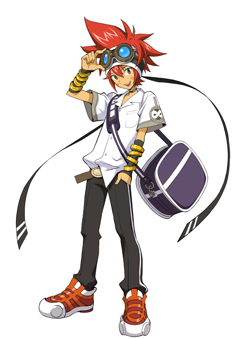 kuryuu tokio, .hack//, .hack//link, bandai, cyber connect 2, official art, 1boy, bag, bandaid, belt, choker, goggles, headband, male focus, messenger bag, red hair, shoulder bag, simple background, solo, wristband