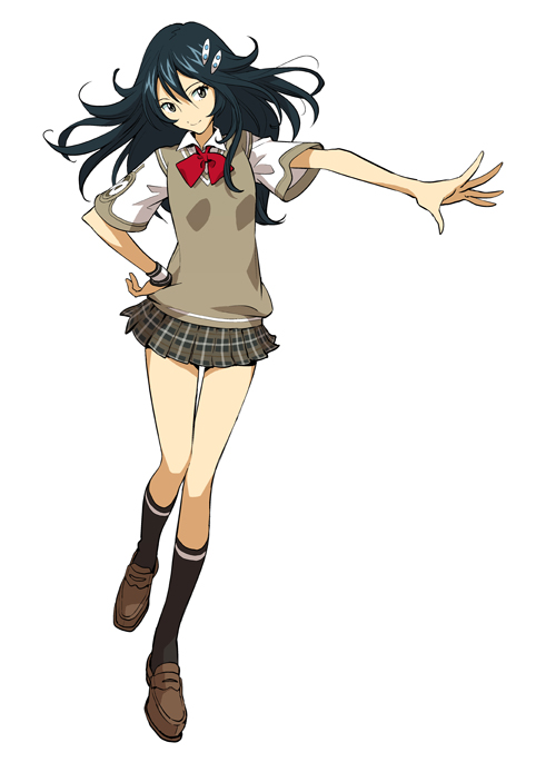 amagi saika, .hack//, .hack//link, bandai, cyber connect 2, official art, 1girl, black hair, female focus, hair ornament, hairclip, loafers, long hair, long legs, miniskirt, plaid clothes, plaid skirt, ribbon, school uniform, shoes, simple background, skirt, smile, socks, solo, thighs