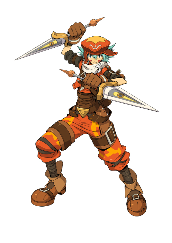 kite (.hack//), kite (hack), .hack//, .hack//link, bandai, cyber connect 2, blade, official art, 1boy, aqua hair, belt, boots, dagger, dual wielding, gloves, hat, holding, knife, male focus, solo, tattoo, weapon