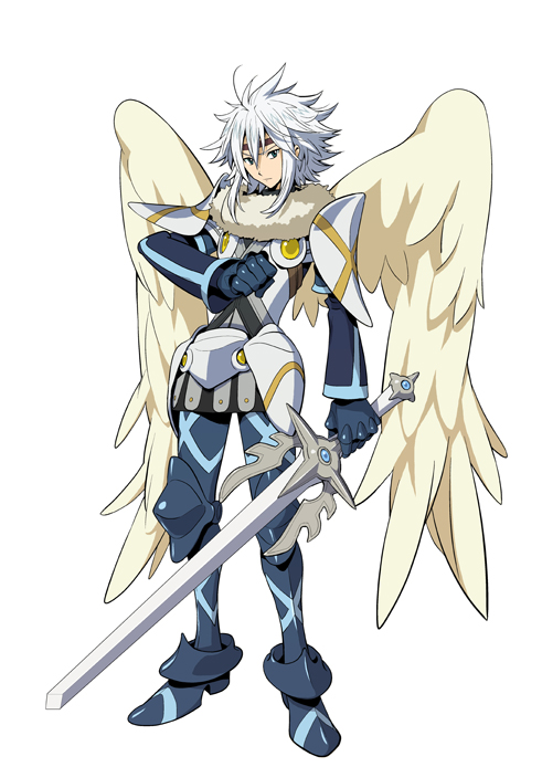 balmung, balmung (.hack//), .hack//, .hack//link, bandai, cyber connect 2, official art, 1boy, angel wings, armor, headband, knight, male focus, solo, sword, weapon, white hair, wings