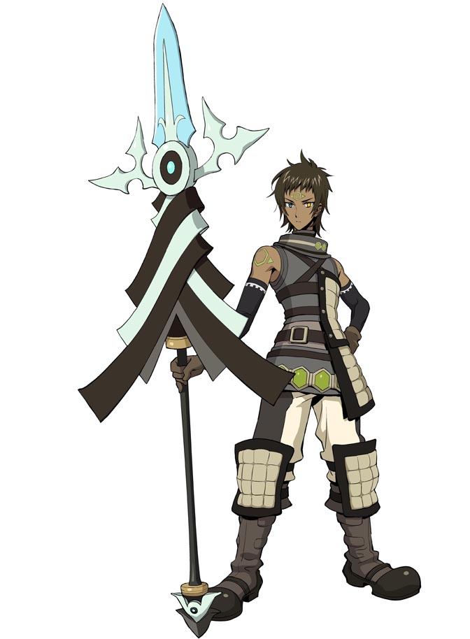 albireo, albireo (.hack//), .hack//, .hack//link, bandai, cyber connect 2, official art, 1boy, armor, bare shoulders, boots, brown hair, elbow gloves, facial mark, forehead mark, gloves, heterochromia, male focus, polearm, solo, spear, strap, tan, tattoo, weapon