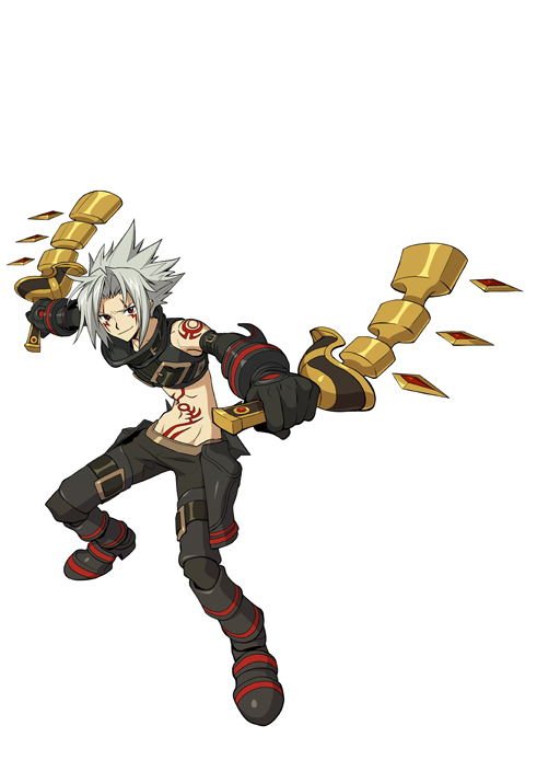haseo, haseo (.hack//), .hack//, .hack//g.u., .hack//link, bandai, cyber connect 2, blade, official art, 00s, 1boy, bare shoulders, belt, boots, dual wielding, full body, gloves, grey hair, holding, male focus, midriff, navel, red eyes, simple background, smile, smirk, solo, tattoo, weapon, white background
