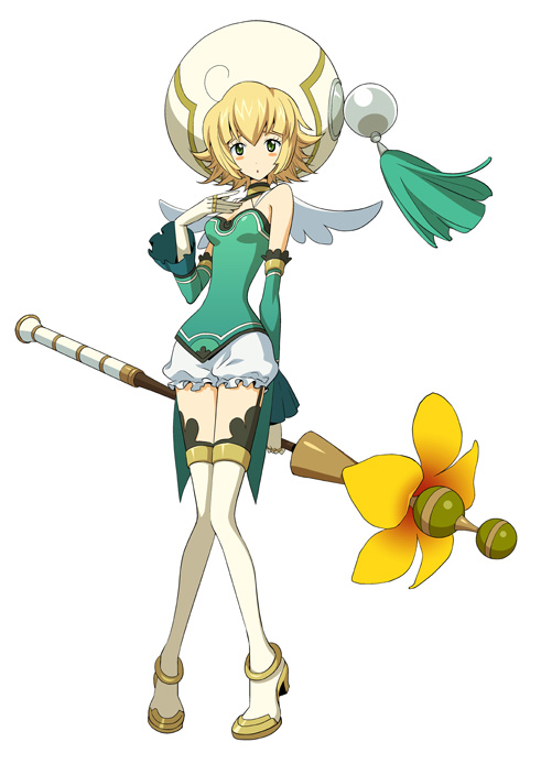 atoli, atoli (.hack//), .hack//, .hack//g.u., .hack//link, bandai, cyber connect 2, official art, 00s, 1girl, bare shoulders, blonde hair, bloomers, blush, elbow gloves, embarrassed, female focus, garter belt, gloves, green eyes, hat, high heels, jewelry, ring, shoes, short hair, sleeveless, solo, staff, thighhighs, underwear, white bloomers, zettai ryouiki