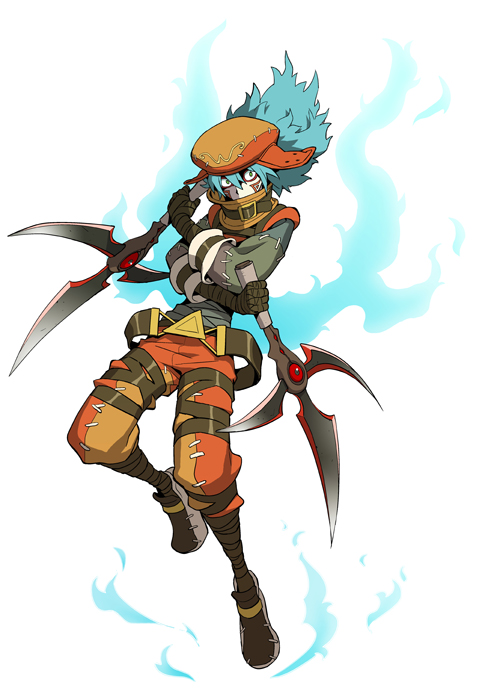 azure kite, .hack//, .hack//link, bandai, cyber connect 2, blade, official art, 1boy, aqua hair, bandages, belt, crazy eyes, dual wielding, fire, hat, holding, long hair, male focus, scar, solo, staring, stitches, strap, tattoo