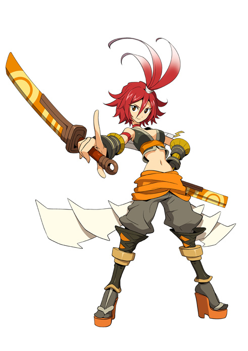 alkaid (.hack//), .hack//, .hack//g.u., .hack//link, bandai, cyber connect 2, platform footwear, official art, 00s, 1girl, antenna hair, armband, boots, choker, clog sandals, female focus, midriff, navel, orange eyes, platform boots, pointing, red hair, short hair, smile, solo, sword, weapon