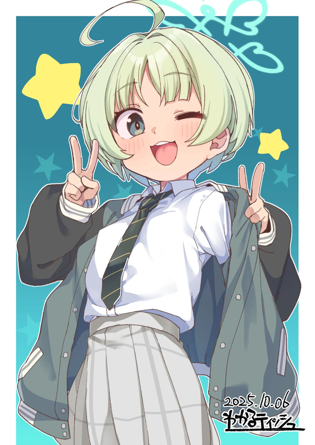 kanabun, ritsu (blue archive), blue archive, highres, variant set, webp-to-png conversion, 1girl, ;d, ahoge, aqua background, aqua halo, artist name, black jacket, black necktie, blush, collared shirt, dated, diagonal-striped clothes, diagonal-striped necktie, double v, dress shirt, gradient background, green hair, grey eyes, grey skirt, halo, hands up, jacket, long sleeves, necktie, one eye closed, open clothes, open jacket, open mouth, pixie cut, pleated skirt, school uniform, shirt, short hair, skirt, smile, solo, star (symbol), star symbol background, teeth, tongue, unbottoned, upper teeth only, v, white shirt
