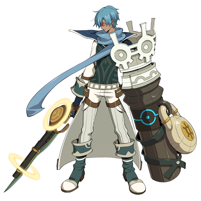 ovan, ovan (.hack//), .hack//, .hack//link, bandai, cyber connect 2, official art, 1boy, blue hair, boots, dark-skinned male, dark skin, glasses, male focus, scarf, solo, sword, weapon