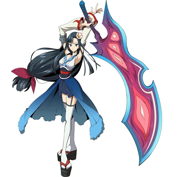 midori (.hack//), midori (hack), .hack//, .hack//cell, .hack//link, bandai, cyber connect 2, official art, 1girl, armpits, black hair, blue eyes, corset, detached sleeves, female focus, flower, garter straps, hair flower, hair ornament, huge weapon, long hair, platform sandals, sandals, skirt, solo, sword, thighhighs, weapon