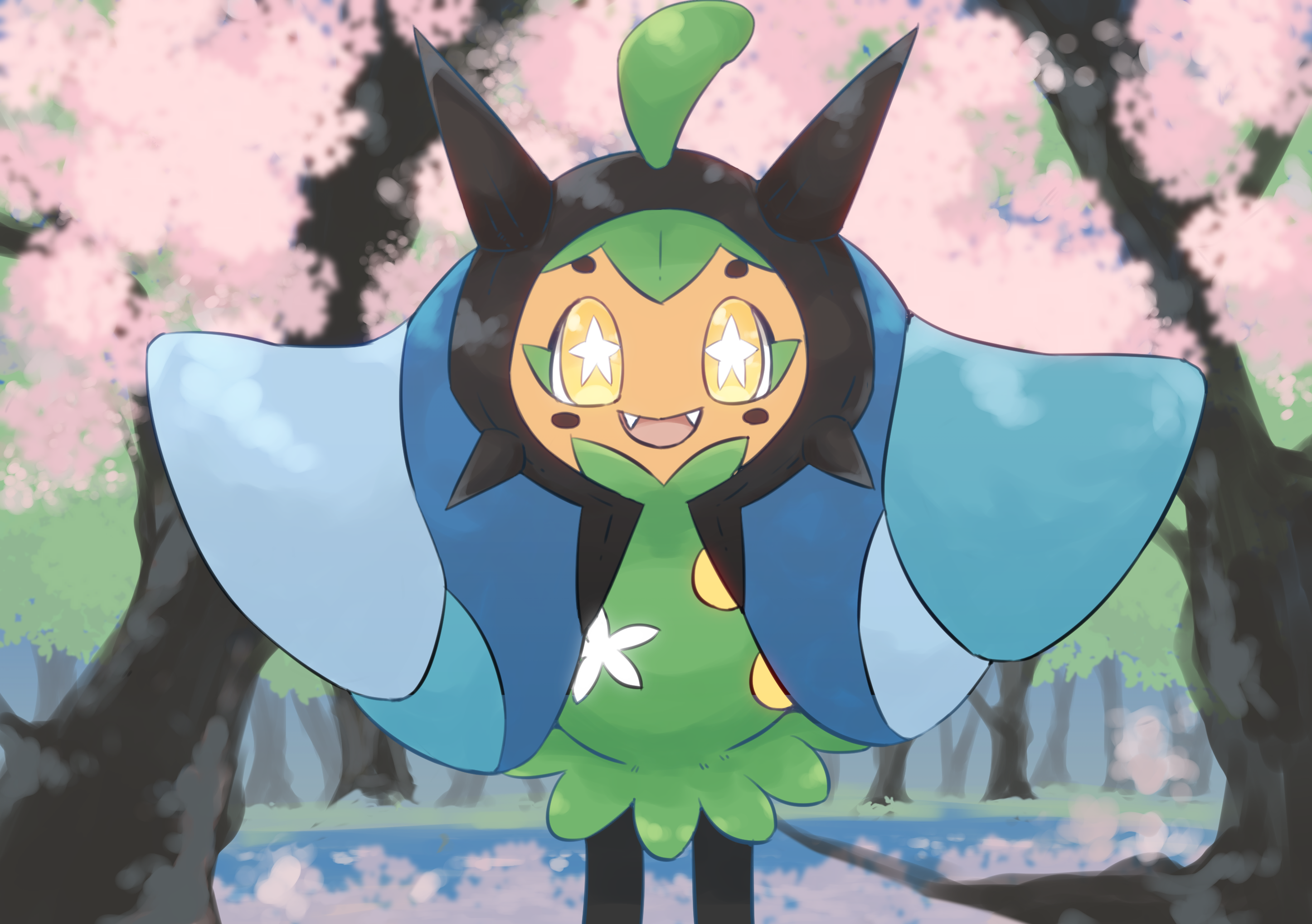 matata, ogerpon, ogerpon (wellspring mask), nintendo, pokemon, commentary request, highres, cherry blossoms, fangs, feet out of frame, open mouth, orange eyes, outdoors, pokemon (creature), river, solo, spring (season), star-shaped pupils, star (symbol), symbol-shaped pupils, tree