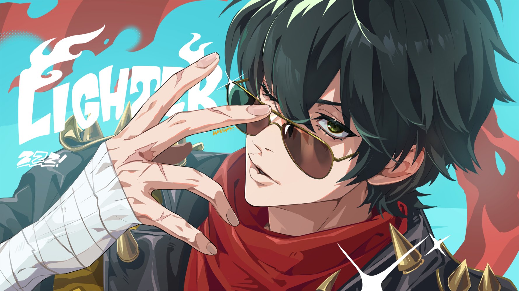 tantan notan, lighter (zenless zone zero), zenless zone zero, commentary request, highres, 1boy, bandaged hand, bandages, bandana, blue background, character name, copyright name, fingernails, glint, green eyes, hair between eyes, looking at viewer, male focus, one eye closed, parted lips, red bandana, scar, scar on hand, short hair, solo, sunglasses