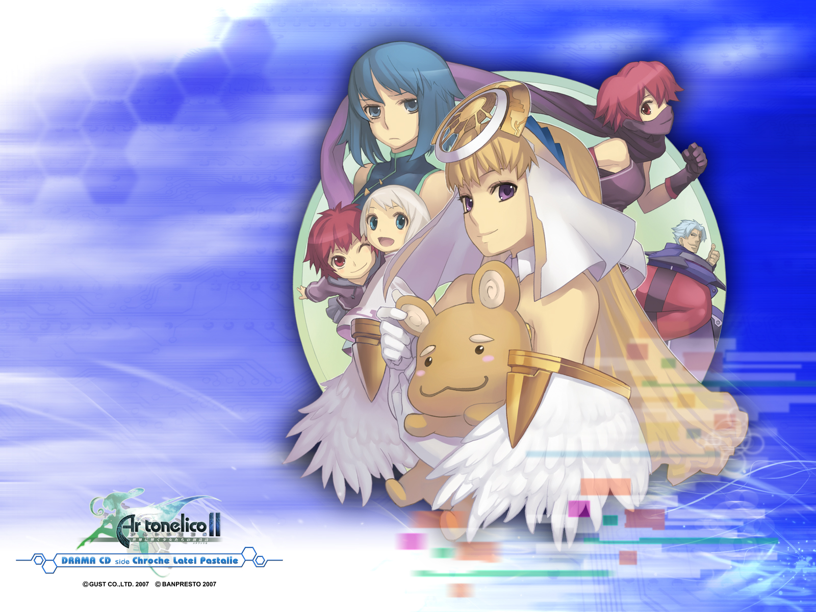 nagi ryou, chroche latel pastalie, frelia (ar tonelico), frelia ansul solmarta, gergo, legris branchesca, ar tonelico, ar tonelico ii, gust, highres, official art, official wallpaper, 00s, 1boy, 5girls, blonde hair, blue eyes, blue hair, blush stickers, elbow gloves, feathers, gloves, hair ornament, long hair, multiple girls, purple eyes, red eyes, red hair, smile, stuffed animal, stuffed toy, white hair
