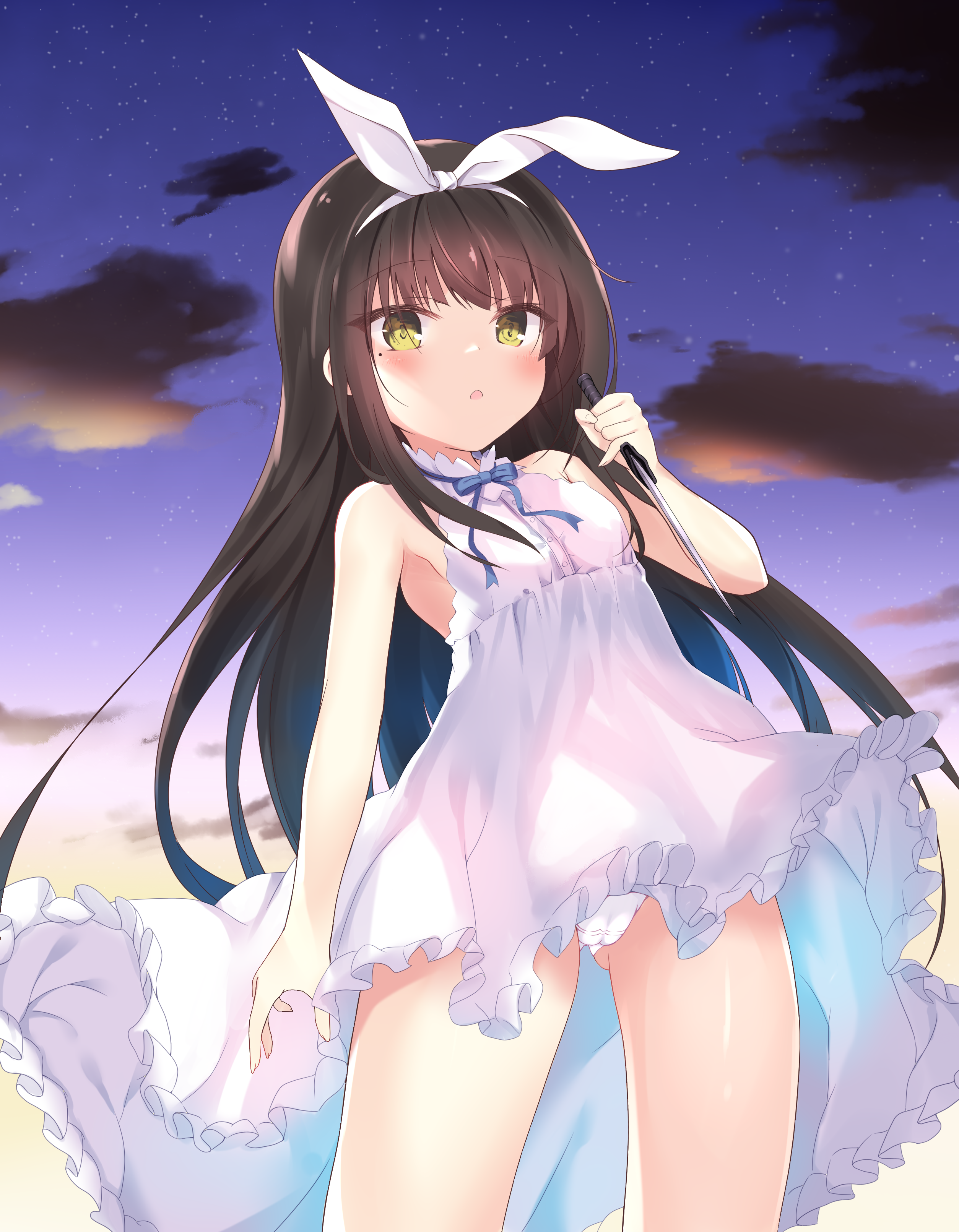 hanakoizumi yoruno, original, absurdres, commentary request, highres, 1girl, arm at side, black hair, blush, bow, bow hairband, cameltoe, cloud, cowboy shot, crotch seam, dress, dusk, frilled dress, frills, gluteal fold, gradient sky, green eyes, hairband, halter dress, halterneck, hand up, high-low dress, holding, holding knife, knife, long hair, looking at viewer, mole, mole under eye, outdoors, panties, pantyshot, parted lips, sky, sleeveless, sleeveless dress, standing, star (sky), starry sky, underwear, very long hair, white bow, white dress, white hairband, white panties, wispy bangs