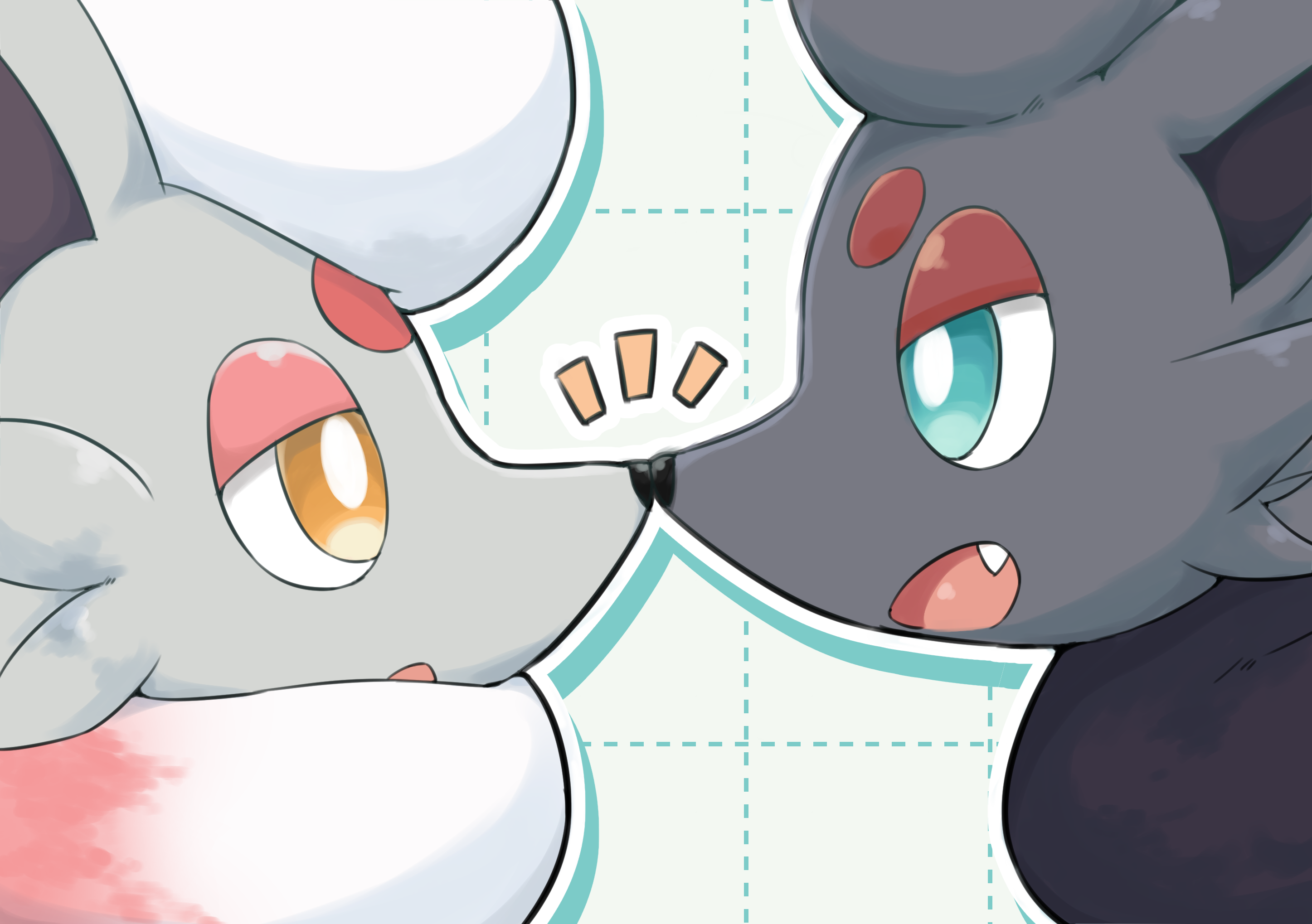 matata, hisuian zorua, zorua, nintendo, pokemon, commentary request, highres, blue eyes, bright pupils, fang, from side, gen 5 pokemon, looking at another, no humans, noses touching, open mouth, orange eyes, outline, pokemon (creature), regional and normal, white background, white outline, white pupils