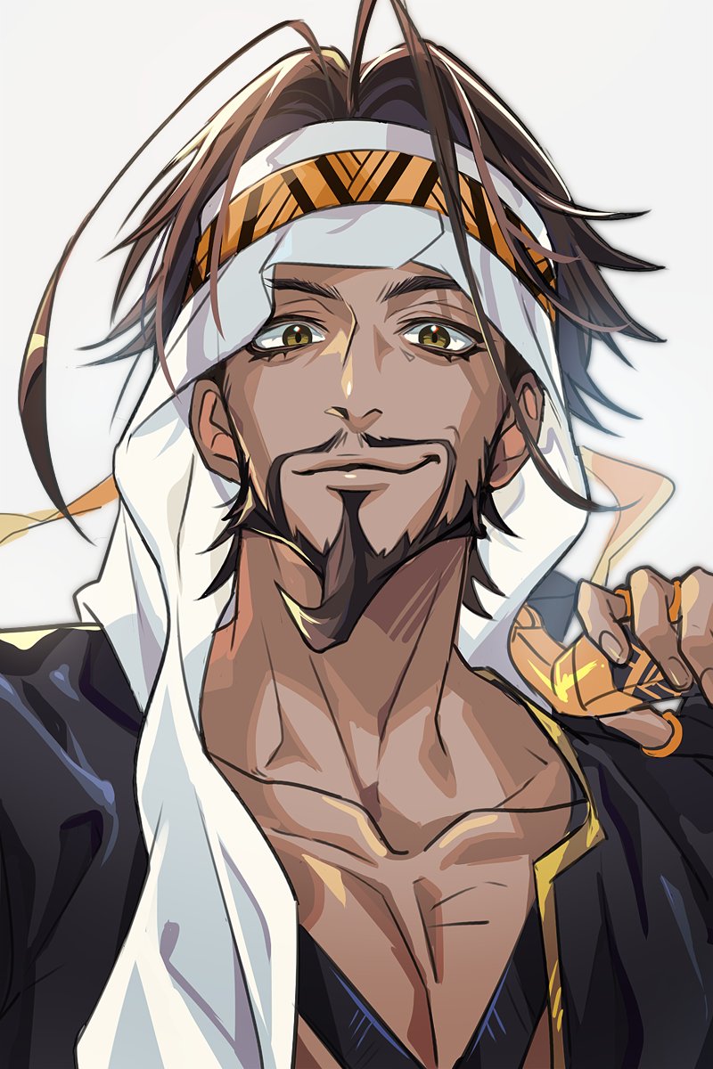 tantan notan, rashid (street fighter), street fighter, street fighter 6, highres, 1boy, beard, black gloves, black jacket, brown eyes, brown hair, closed mouth, collarbone, connected beard, eyelashes, facial hair, fingerless gloves, gloves, goatee, grey background, holding, jacket, keffiyeh, looking at viewer, male focus, mustache, pectoral cleavage, pectorals, short hair, solo, upper body