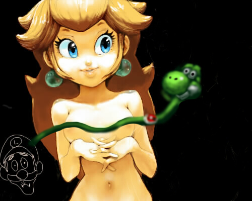 koki (ryoushikiha), luigi, princess peach, yoshi, mario (series), nintendo, super mario world, bad id, bad pixiv id, lowres, 1girl, 2boys, blonde hair, blue eyes, breasts, earrings, jewelry, medium breasts, multiple boys, simple background