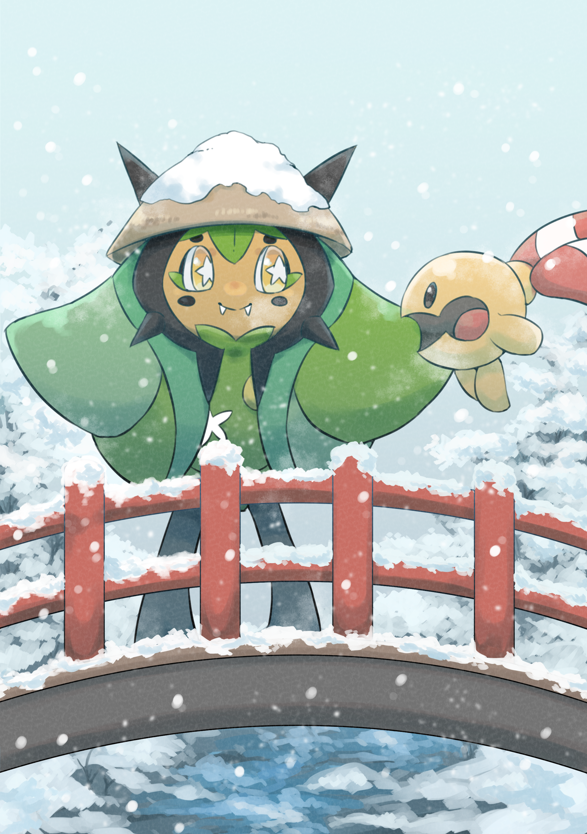 matata, chingling, ogerpon, nintendo, pokemon, absurdres, commentary request, highres, breath, bridge, fangs, gen 4 pokemon, hat, open mouth, orange eyes, pokemon (creature), rice hat, snow, snow on headwear, snowing, star-shaped pupils, star (symbol), symbol-shaped pupils, winter