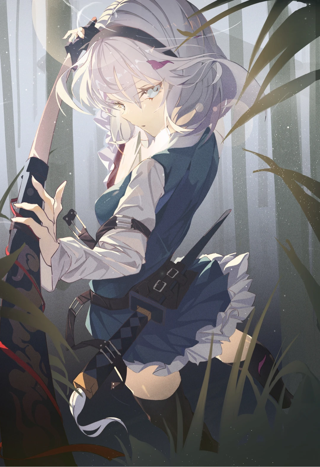 konpaku youmu, touhou, highres, black bow, blue dress, blue eyes, bow, dress, dynamic pose, forest, ghost, grey hair, holding, holding sword, holding weapon, jkess, looking at viewer, nature, night, sheath, shirt, short hair, solo, sword, weapon, white shirt