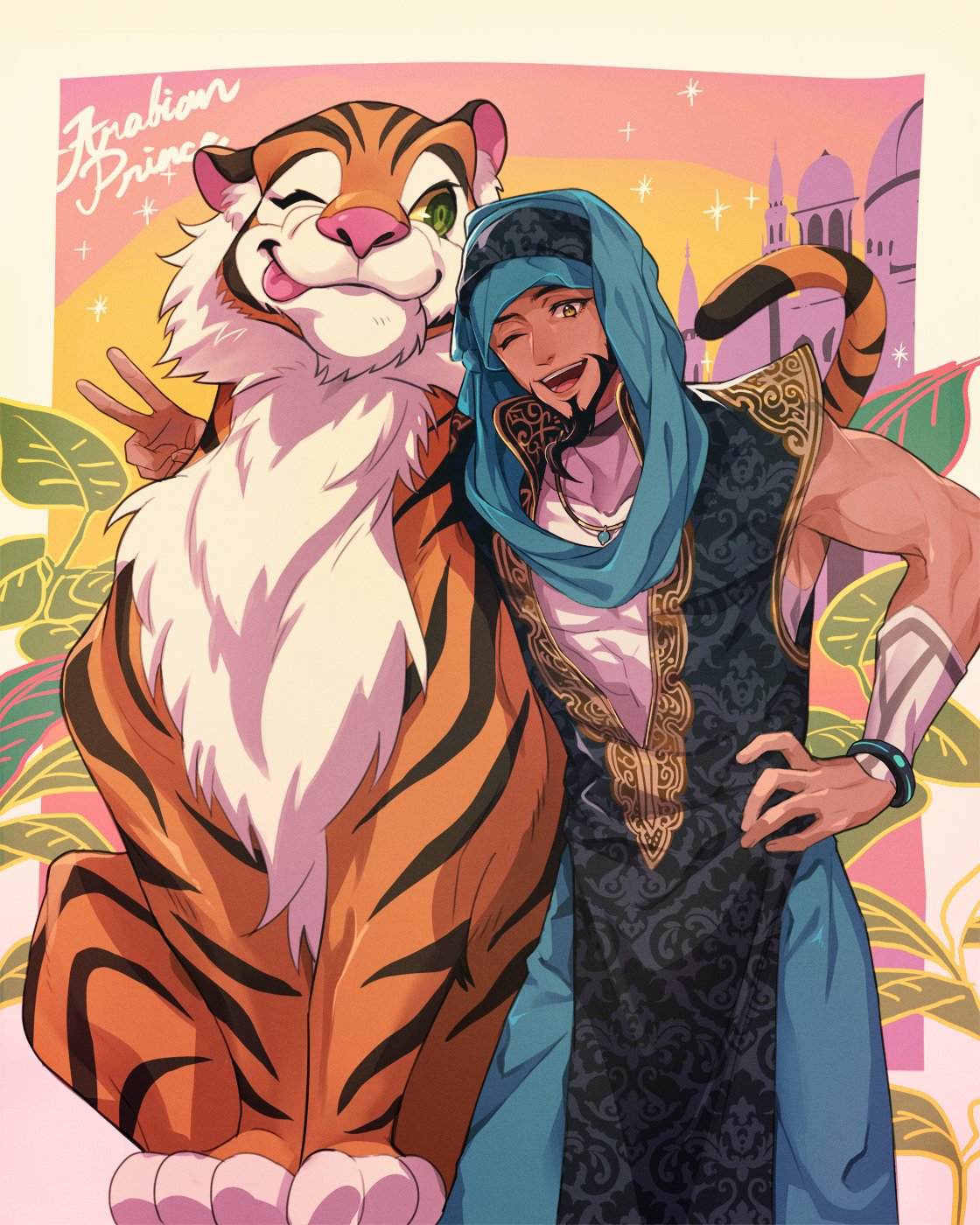 tantan notan, rashid (street fighter), street fighter, street fighter 6, highres, 1boy, animal, arabian clothes, beard, border, facial hair, hand on own hip, jewelry, looking at viewer, male focus, middle eastern architecture, necklace, one eye closed, open mouth, sitting, solo, tiger, tongue, tongue out, turban, v, white border, yellow eyes
